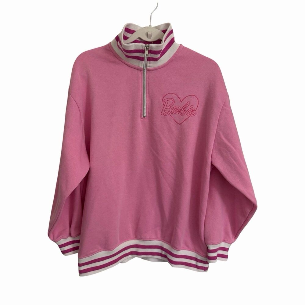 Barbie Sweater Womens XL Pink Striped Collar Pullover Quarter Zip Barbiecore